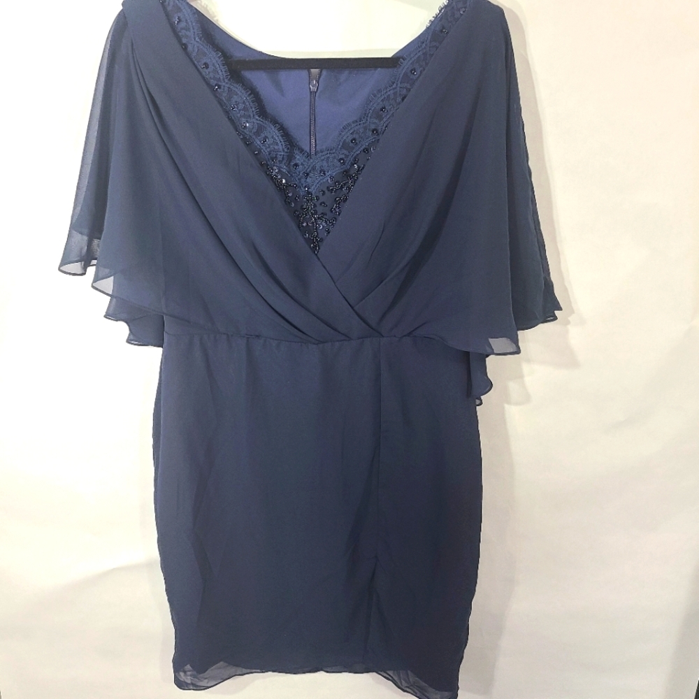 NWT Fanciest Women's Size 16 Navy Blue Formal Dress‎ Cape Style Beads